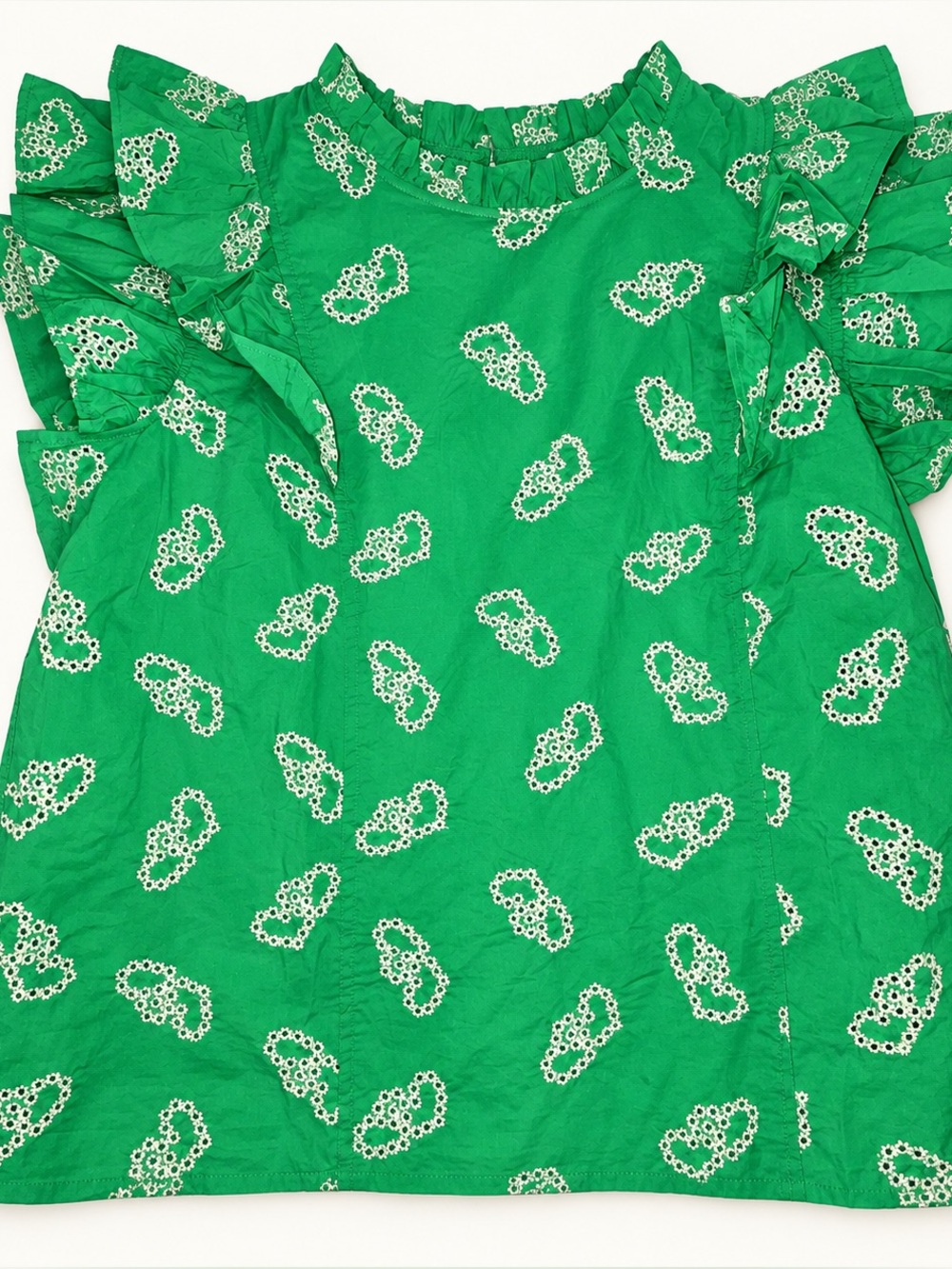 Umgee NWT Large Green Floral Heart Embroidered Ruffle Sleeve Blouse